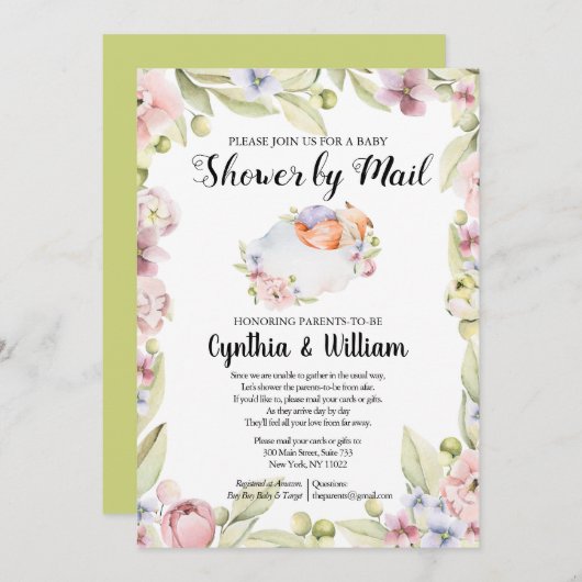 メールで女の子の赤ちゃんシャワー |エレガント春フローラ 招待状 (正面/裏面)