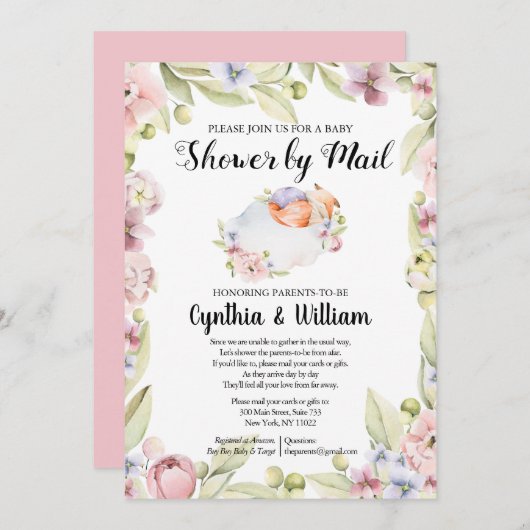 メールで女の子の赤ちゃんシャワー |エレガント春フローラ 招待状 (正面/裏面)
