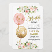 メールで振りかけるピンクバルーン赤ちゃんシャワー女の子 招待状 (正面/裏面)