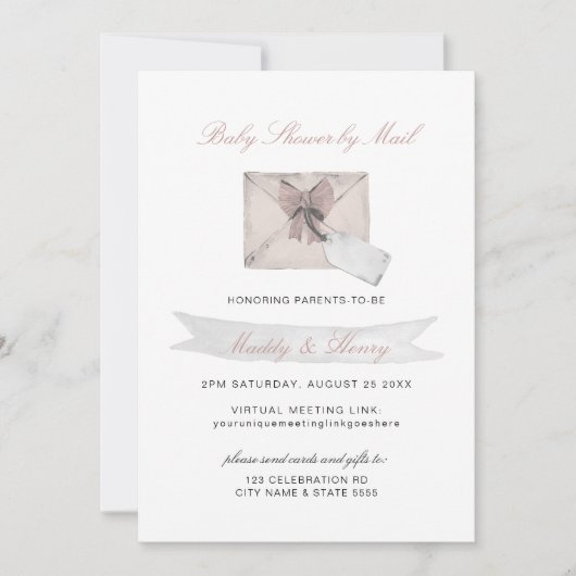 メールで楽しむピンクのベビーシャワー　バーチャル　ロングディスタンス 招待状 (正面)