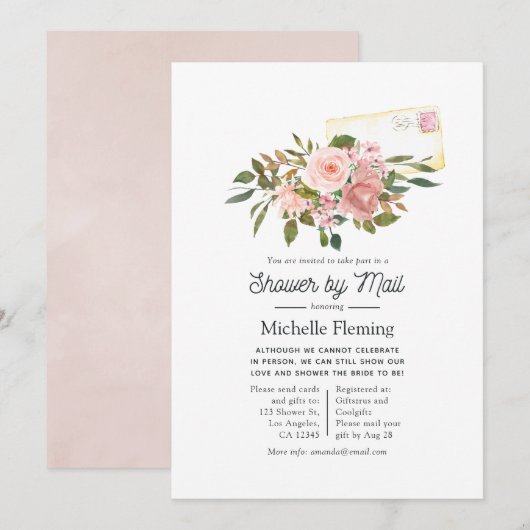 メールで贈るローズゴールドとフラワーのブライダルシャワー 招待状 (正面/裏面)