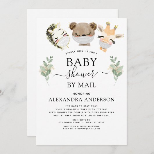 メールで赤ちゃんシャワーウッドランドユーカリ緑 招待状 (正面/裏面)