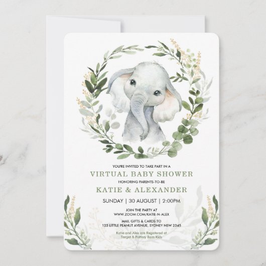 メールによるバーチャルベビーシャワー | Greenery Elephant 招待状 (正面)
