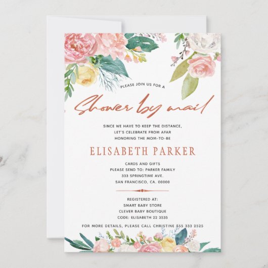 メールによるピンクのフローラベビーシャワーのプランの変更 招待状 (正面)