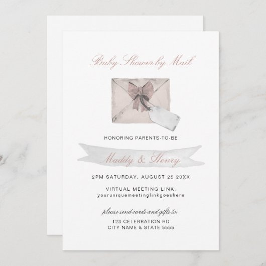 メールによるピンクのベビーシャワー仮想長距離 招待状 (正面/裏面)