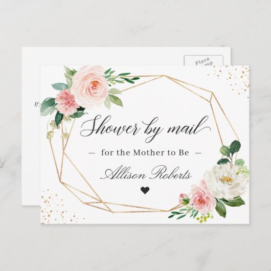 メールによるベビーシャワー幾何学的赤面ピンクフローラ ポストカード (正面/裏面)