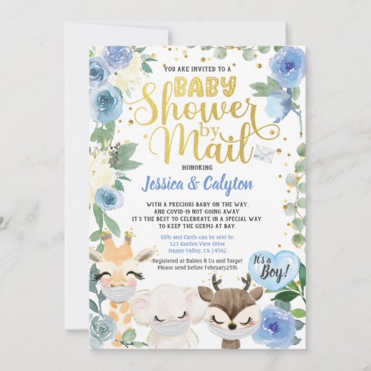 メールによる大流行の森林動物によるコビッド·ボーイ·シャワー 招待状 (正面)