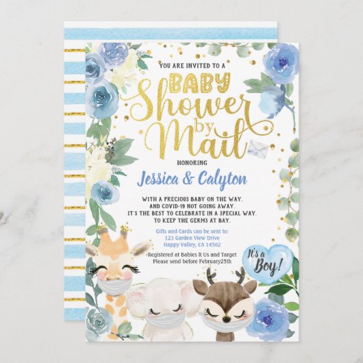 メールによる大流行の森林動物によるコビッド·ボーイ·シャワー 招待状 (正面/裏面)