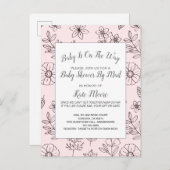 メールによる赤ちゃんシャワー手描き花ピンク インビテーションポストカード (正面/裏面)