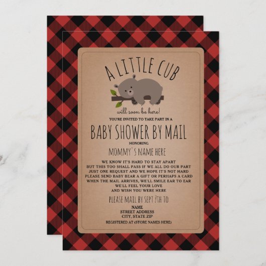 メールによる赤ちゃんシャワー社会的な分散のプレイドベア 招待状 (正面/裏面)