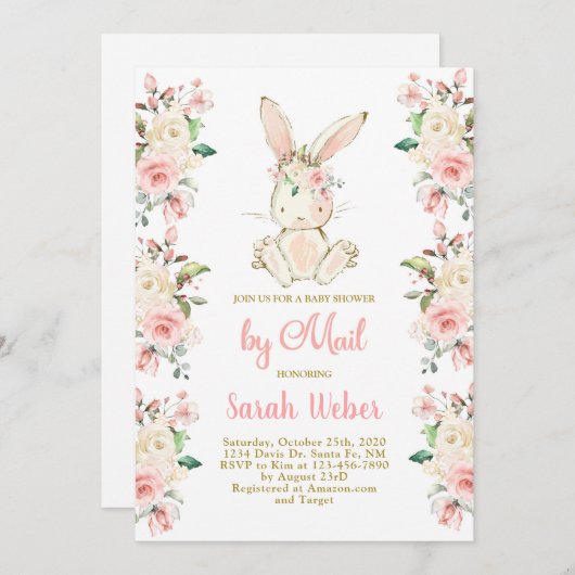 メールの女の子によるバニーのベビーシャワー 招待状 (正面/裏面)