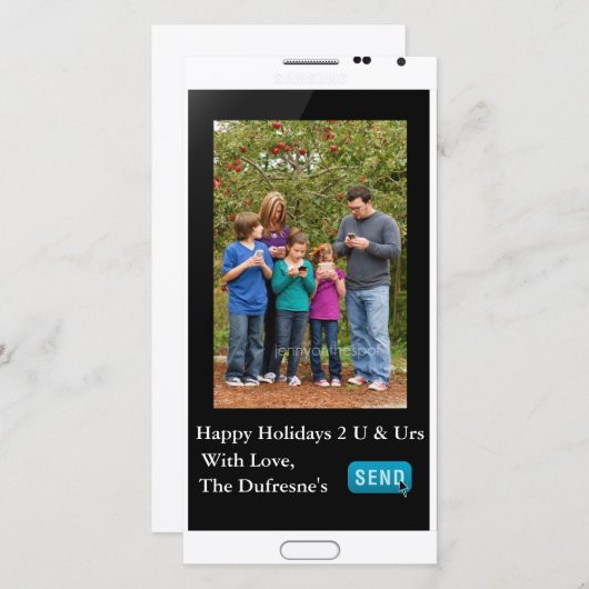 メールや文字を打つおもしろいクリスマス垂直 シーズンカード (正面/裏面)