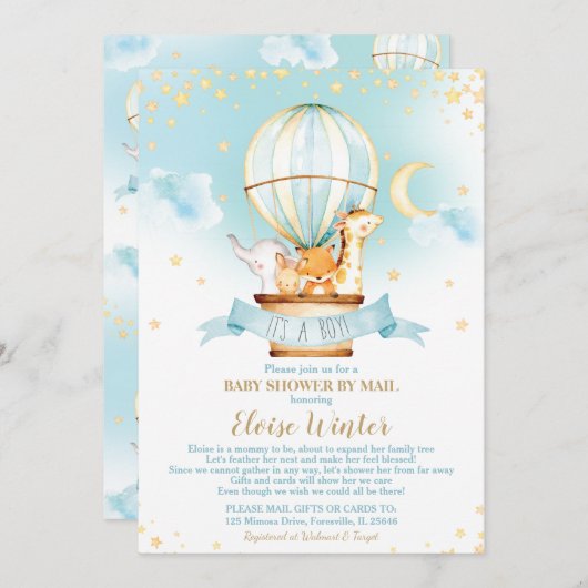 メールジャングル動物による熱気球ベビーシャワー 招待状 (正面/裏面)