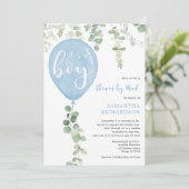 メールバイシャワー青バルーンeucalyptus赤ちゃん 招待状 (スタンド正面)