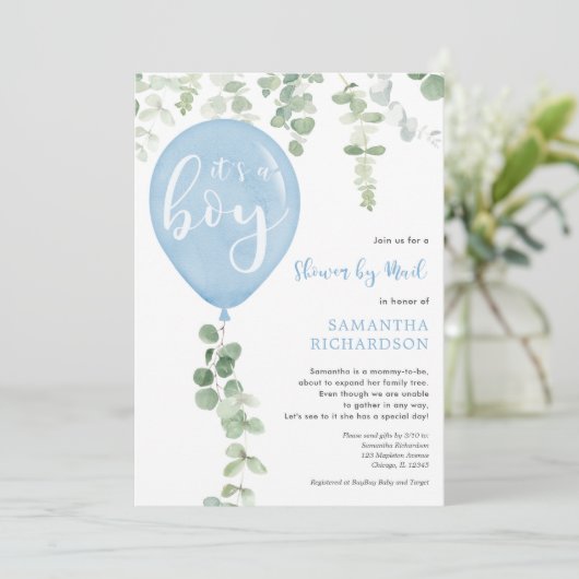 メールバイシャワー青バルーンeucalyptus赤ちゃん 招待状 (スタンド正面)