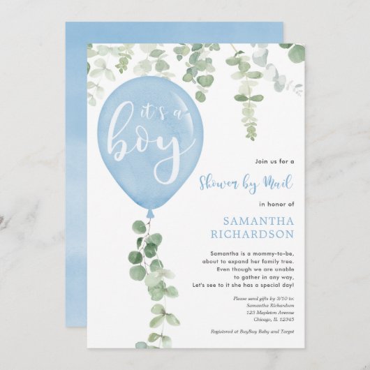 メールバイシャワー青バルーンeucalyptus赤ちゃん 招待状 (正面/裏面)