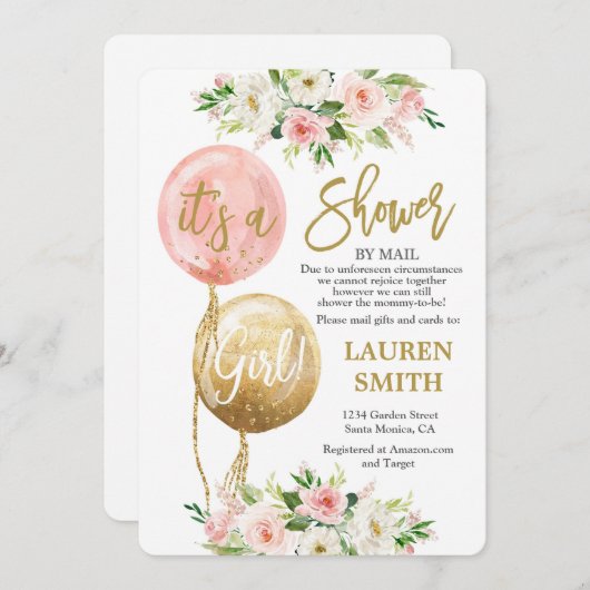 メールバルーンベイビーシャワーガールでシャワー 招待状 (正面/裏面)