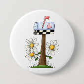 メールボックスとデイジーとハートフラグ国ガーデン 缶バッジ (正面)