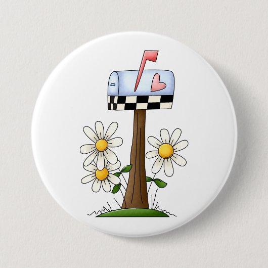 メールボックスとデイジーとハートフラグ国ガーデン 缶バッジ (正面)