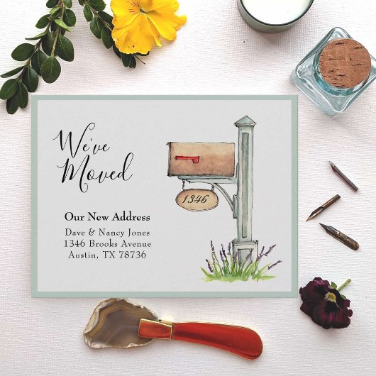 メールボックスの水彩新しいホーム移動 ノートカード