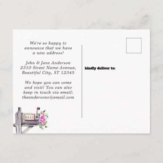 メールボックスモダンフローラ水の色の新しいホーム移動 案内ポストカード (裏面)