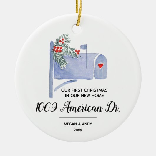 メールボックス私たちの初めてのクリスマスは新しい家で セラミックオーナメント (正面)