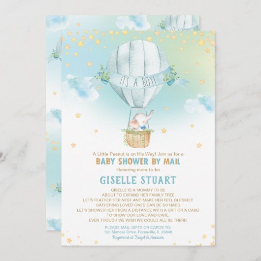メールボーイによる象のホットエアバルーンベビーシャワー 招待状 (正面/裏面)