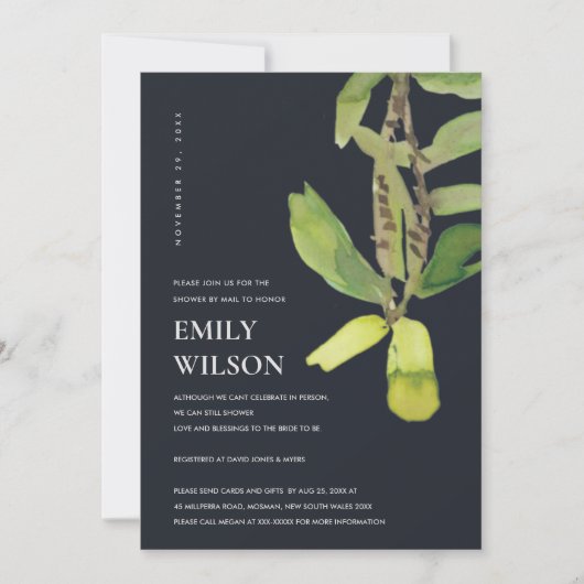 メールモダン招待状による葉の多い黒いシャワー サンキューカード (正面)