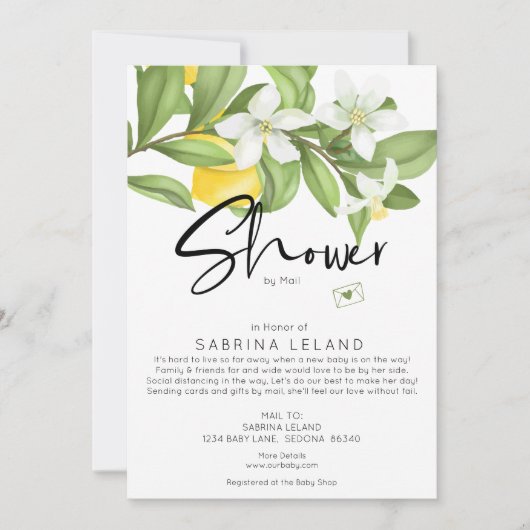 メールヴィンテージレモンと花による赤ちゃんシャワー 招待状 (正面)