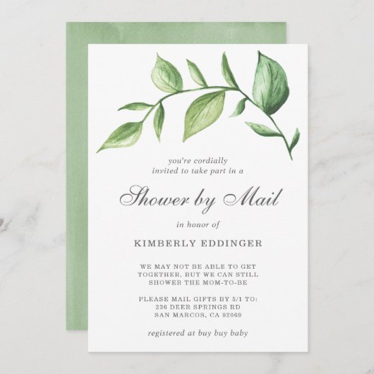 メール式緑の赤ちゃんシャワ男女兼用ー素朴 招待状 (正面/裏面)