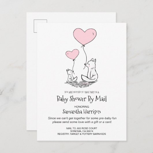 メール母によるベビーシャワーとベビーウッドランドキツネ インビテーションポストカード (正面/裏面)