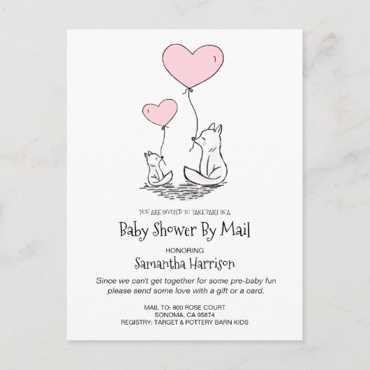 メール母によるベビーシャワーとベビーウッドランドキツネ インビテーションポストカード (正面)