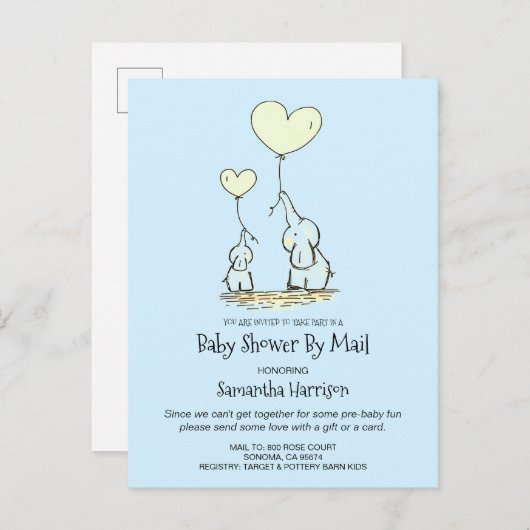 メール母によるベビーシャワーとベビー象男の赤ちゃん インビテーションポストカード (正面/裏面)