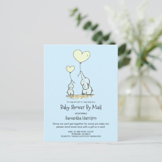 メール母によるベビーシャワーとベビー象男の赤ちゃん インビテーションポストカード (スタンド正面)