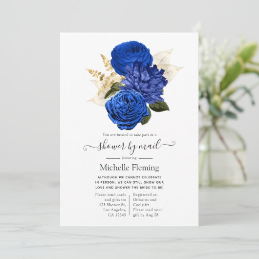 メール王室のによる青と金ゴールドのフローラブライダルシャワー 招待状 (スタンド正面)