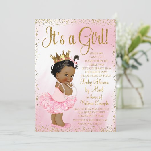 メール赤ちゃんシャワーピンク金ゴールドアフリカプリンセスツツ 招待状 (スタンド正面)