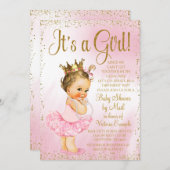 メール赤ちゃんシャワーピンク金ゴールドブルネットプリンセスチュツ 招待状 (正面/裏面)