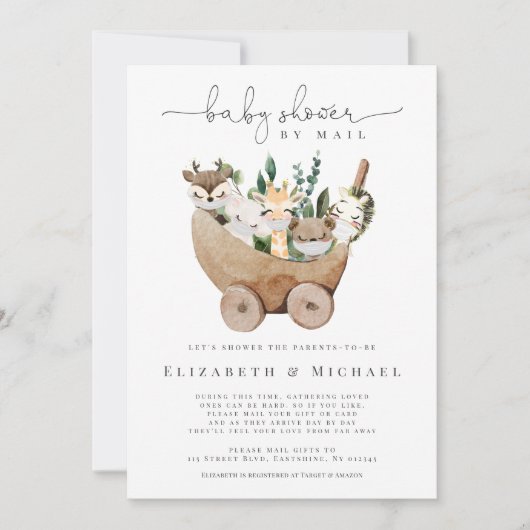 メール·アニマルズによるベビーシャワー緑のぼほ  招待状 (正面)