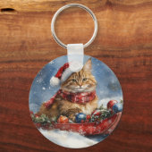 メーンクーンのそり猫 雪を降らせて クリスマス キーホルダー (正面)