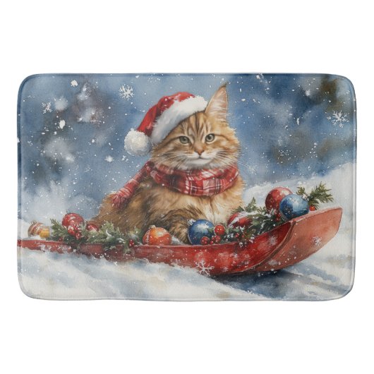 メーンクーンのそり猫 雪を降らせて クリスマス バスマット (正面)