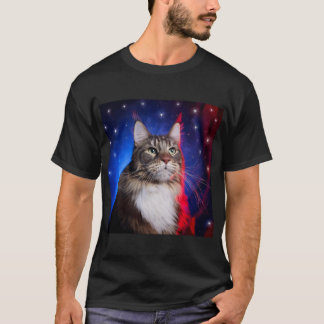 メーンクーンキャットウィズ赤白青オーラアンドスターズ Tシャツ