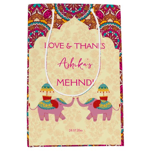 メーンディの好意ギフトかわいいゾウのピンクのマンダラ ミディアムペーパーバッグ (正面)