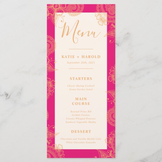 メーンディ結婚のディナーメニュー メニュー (正面)