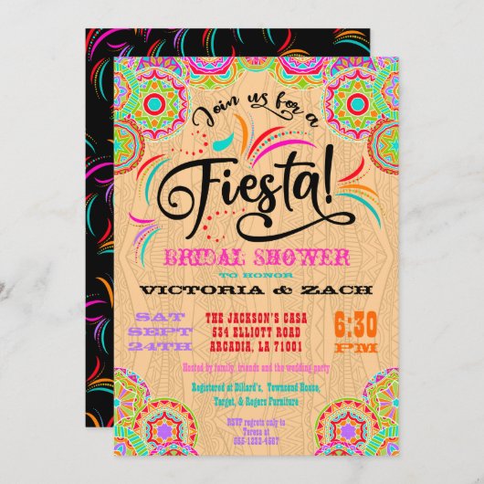 メ素朴キシコカラフルフィエスタブライダルシャワー 招待状 (正面/裏面)