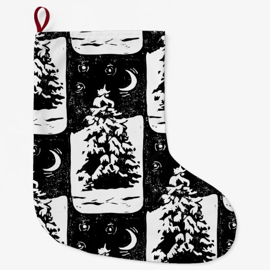モアツリーインスノーランドスケープリノプリント ラージクリスマスストッキング (正面)