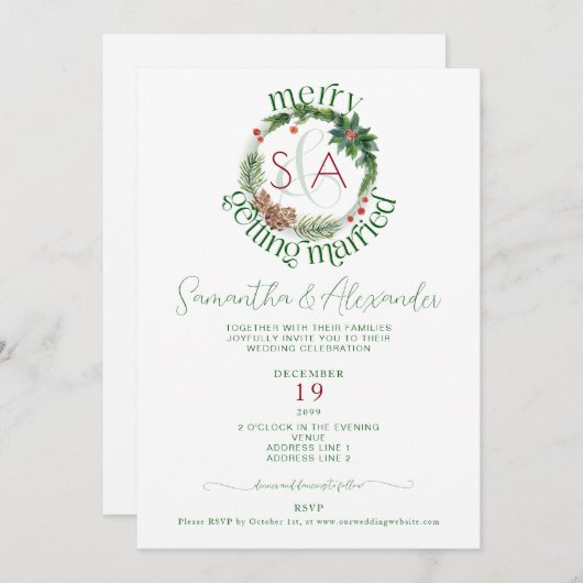 モアツリー&ホリーリースクリスマステーマ結婚ズ 招待状 (正面/裏面)