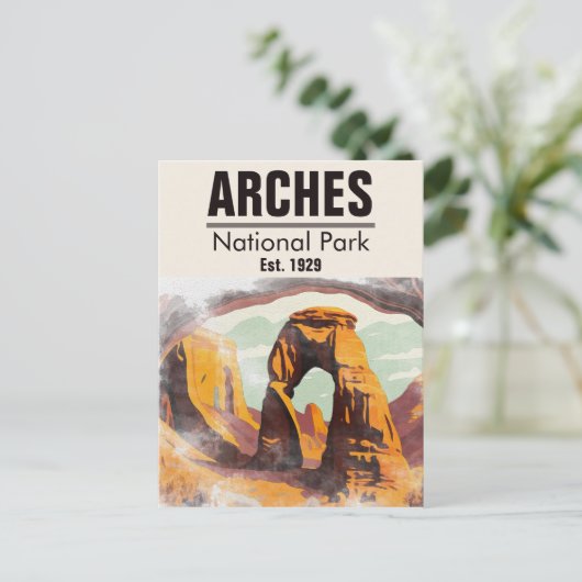 モアブユタヴィンテージサンセットアーチズウォーターカラーアウトドア ポストカード (スタンド正面)