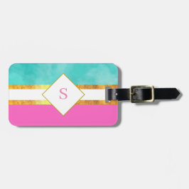 モエレガントノグラムを持つピンクと緑ストライプの ラゲッジタグ