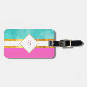 モエレガントノグラムを持つピンクと緑ストライプの ラゲッジタグ