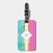 モエレガントノグラムを持つピンクと緑ストライプの ラゲッジタグ (正面縦)